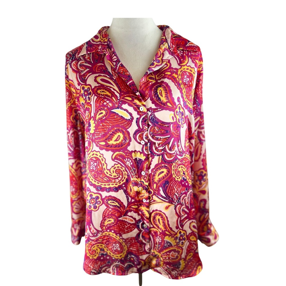 Haver London Womens Large Pink Orange Paisley Button Down Long Sleeve Blouse Top